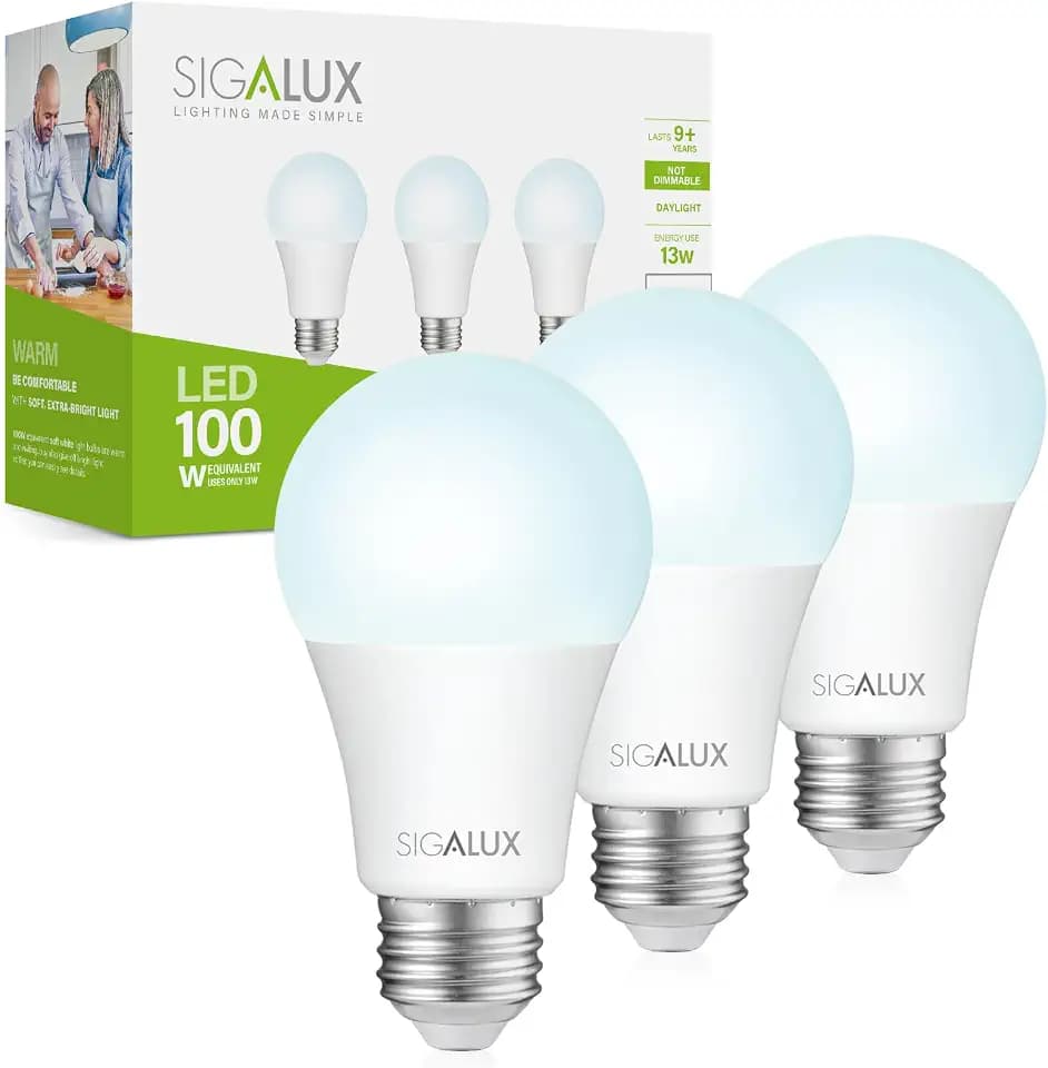Sigalux Light Bulbs 100 Watt Equivalent LED Bulbs, A19 Daylight Standard Light Bulb 5000K White,Non-Dimmable 13W Energy Efficient Led Bulbs with E26 Medium Base,1500LM,UL Listed,3 Pack