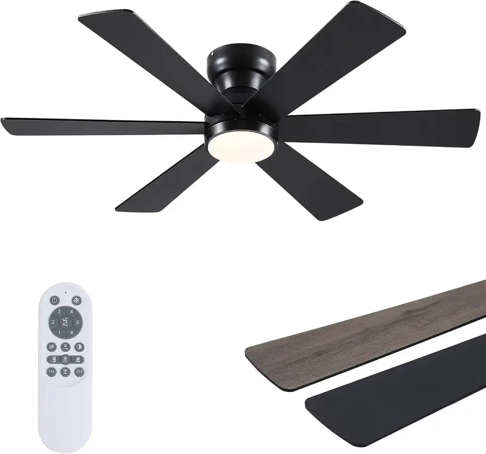 Asyko 46"Black 6-Blade Modern Low Profile Ceiling Fan with Light and Remote