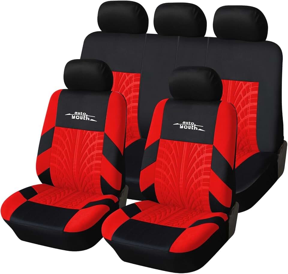 AutoYouth Autositzbezüge, Vordersitzbezüge, mit geteilter Autobank, für Damen, komplettes Set, Sitzschoner, Rot, 9 Teile