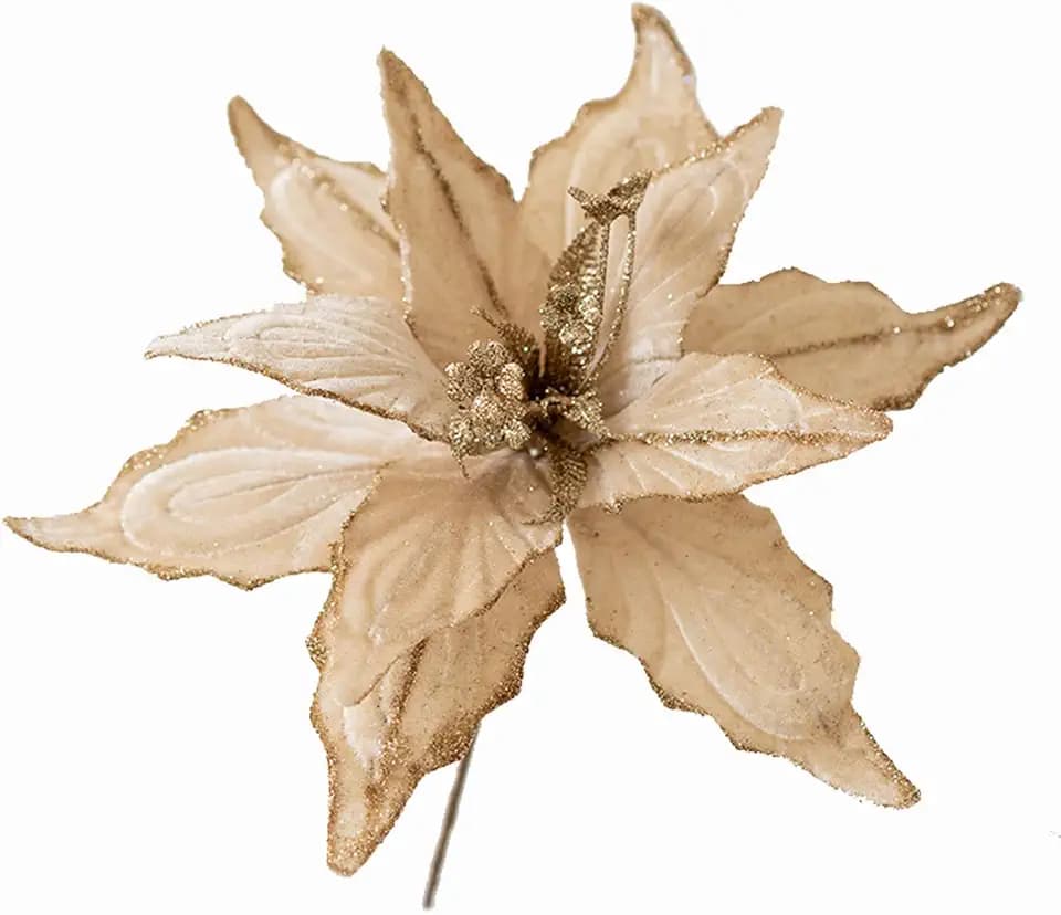 6 pcs Christmas Poinsettia Artificial Glitter Flowers Ornaments Picks 11" for Christmas Tree Wreath Garland Xmas New Year Decoration (Light Golden)