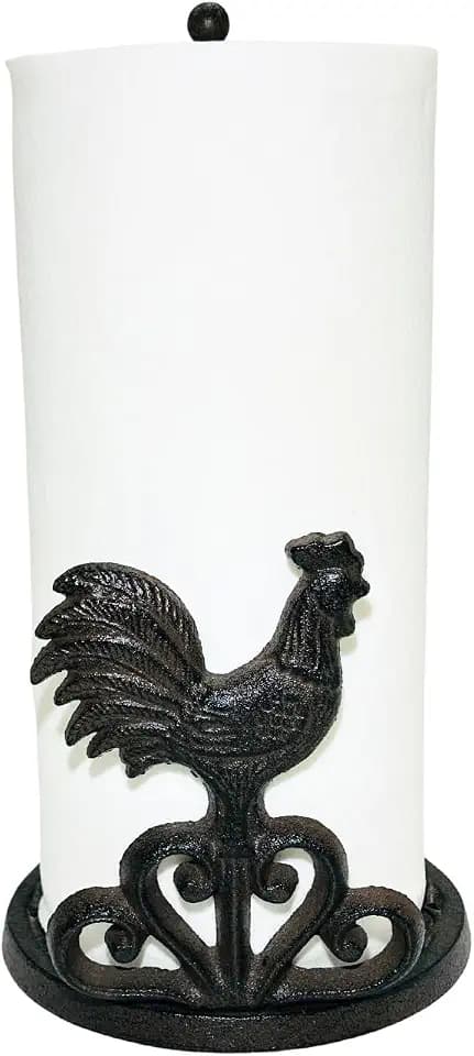 Rustic Elegance Cast Iron Rooster Paper Towel Holder - Freestanding 12" Kitchen Countertop Accessory with Farmhouse Charm - Antique Brown, Country Style Decor