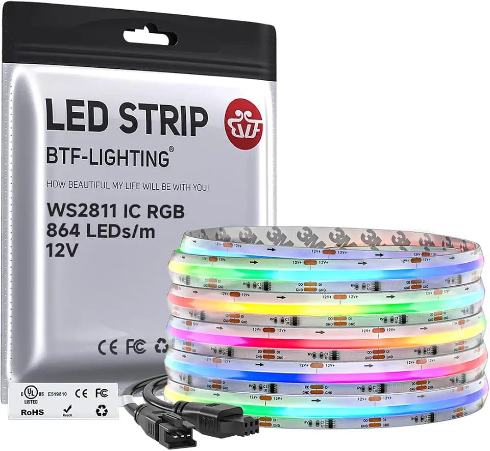 BTF-LIGHTING IP66 RGB WS2811 Smart IC FCOB COB LED Strip, UL Listed 864LEDs/m High Density Color Chasing Uniform Light, DC12V 16.4FT 12mm Width Tape Light for Home DIY Decor(No Adapter or Controller)