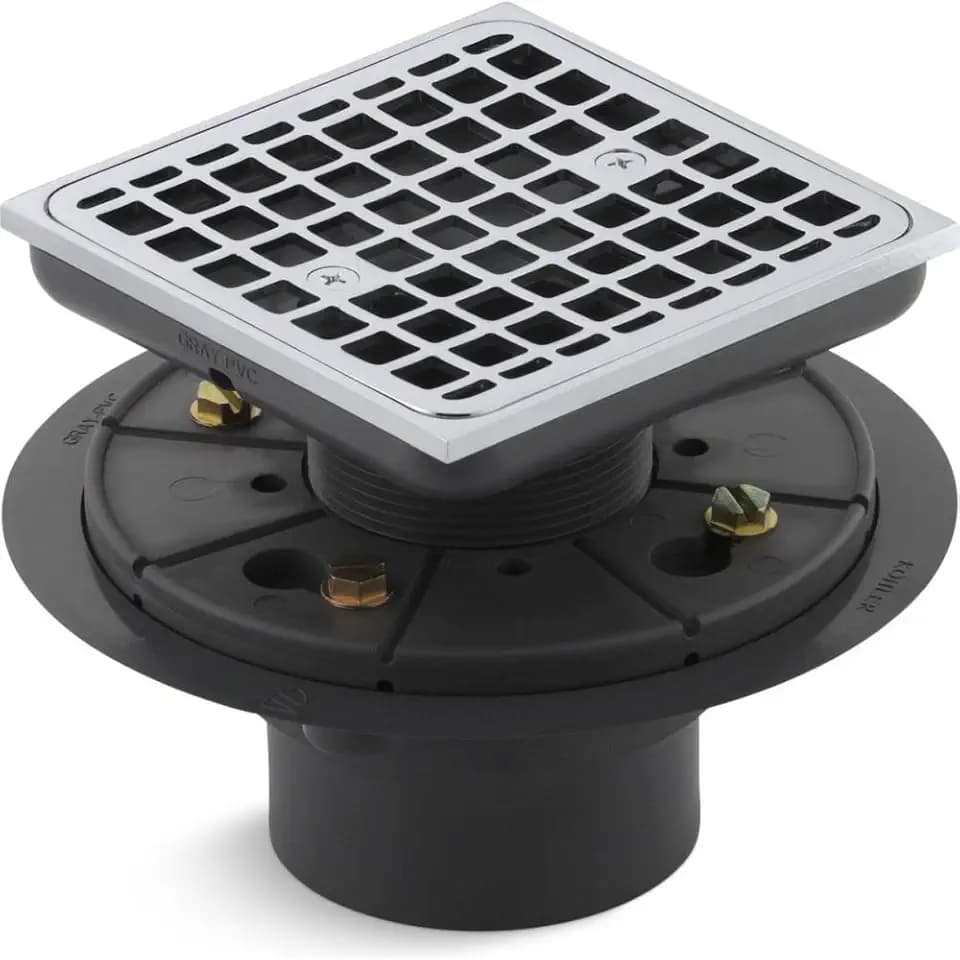 KOHLER K-9136-CP Clearflo Square Design Tile-In Shower Drain, Removable Grid Plate, 2" & 3" PVC Connection, Corrosion Resistant, Polished Chrome