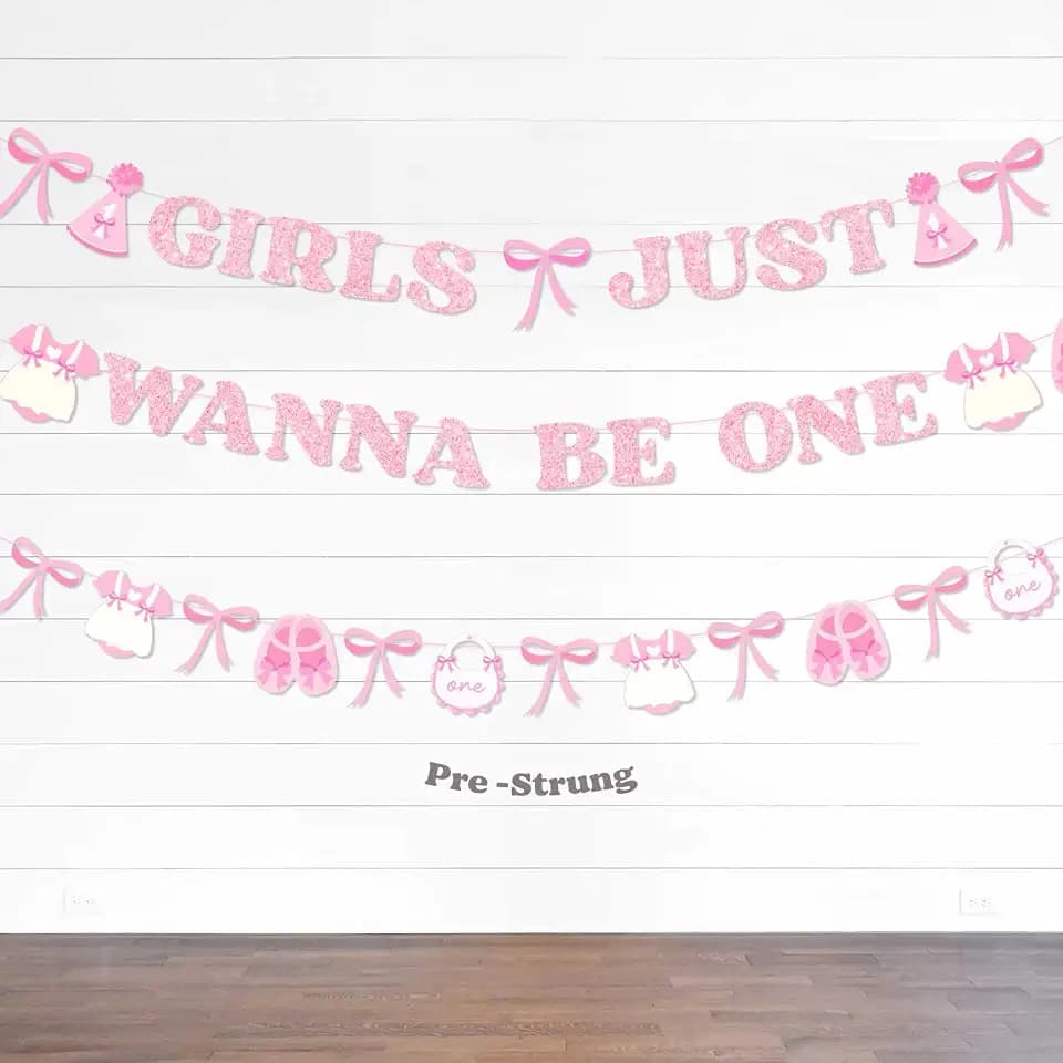 Girls Just Wanna be One Birthday Decorations Bow First Birthday Decorations Pink Bow Theme Baby Girl First 1st Year Banner One Year Old Coquette Party Supplies High Chair Garland Silly Goose