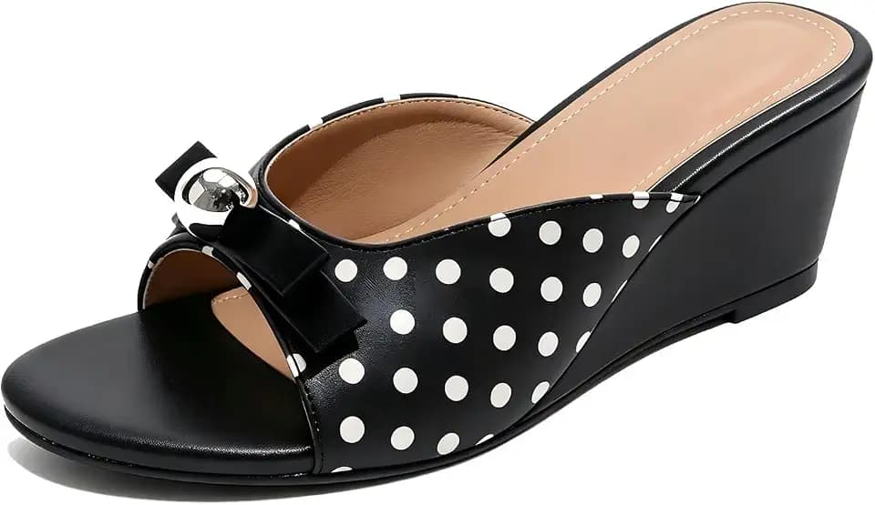 Women's Wedge Polka Dot Sandals With Bow Metal Comfortable Round Toe Chunky Heel U-shape Mule Slides For Causal Vacation Beach Vacation