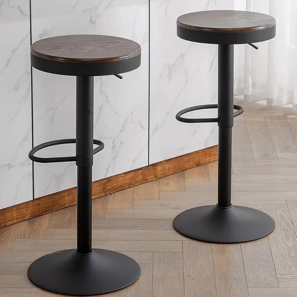 Kidol & Shellder Backless Bar Stools Set of 2 Black Round Wooden Seat Adjustable Swivel Barstools Modern Counter Height Bar Chairs Armless for Kitchen Island Cafe Dining Room Walnut