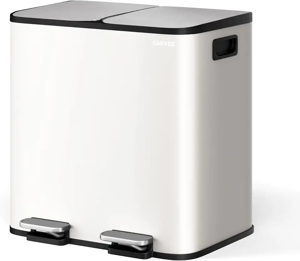 GarveeHome 2 x 4 gal Stainless Steel Double Trash Can with Lid for Kitchen, Large Dual Trash and Recycle Bin Combo, Step-on Kitchen Metal Garbage Cans, PP Inner Buckets, Liner Rim, White