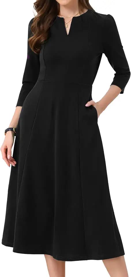 Allegra K Womens 3/4 Sleeve A-Line Business Work Formal Midi Dress