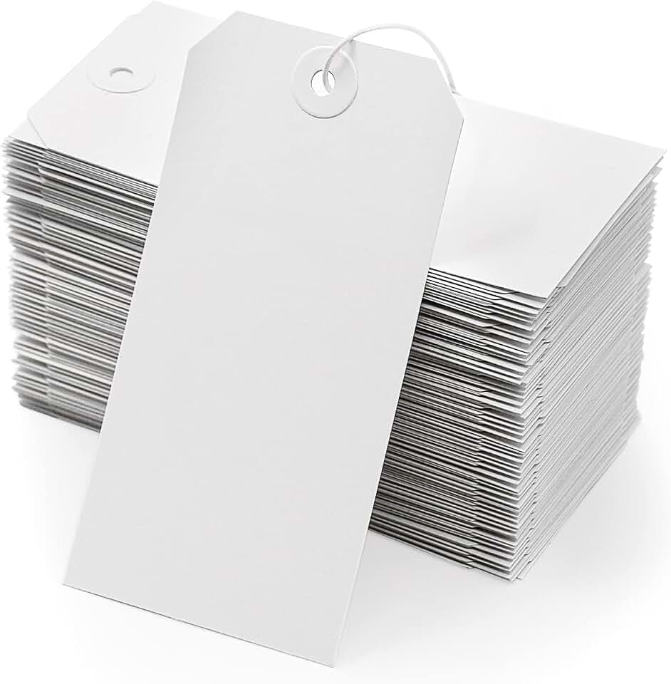 White Tags with Elastic String Attached - Coideal 350 Pcs Blank Hanging Paper Tag Strung Cardstock Shipping Tags with Reinforced Hole for Labeling Price Inventory Luggage 4 3/4" x 2 3/8"