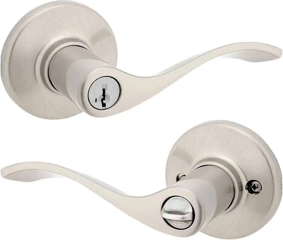 Kwikset Balboa Entry Door Handle with Lock and Key, Secure Keyed Reversible Lever Exterior, for Front Entrance and Bedrooms, Satin Nickel, Pick Resistant Smartkey Rekey Security and Microban