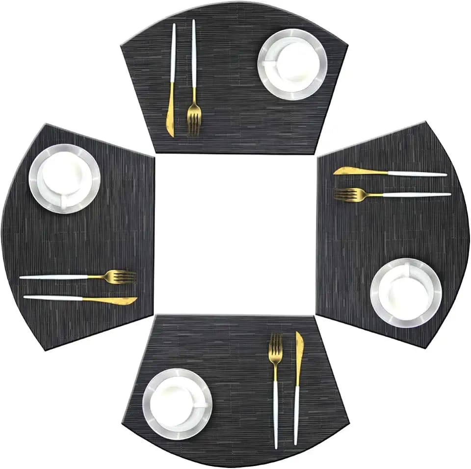 Wedge Shaped Placemats for Round Kitchen Table Woven Vinyl Non Slip Plastic Washable Table Mats Set of 4(Black)
