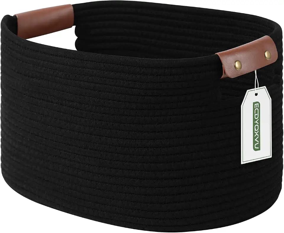 ECDYQXVU 15x10x9 Black Woven Cotton Rope Storage Basket Handles 1 Pack