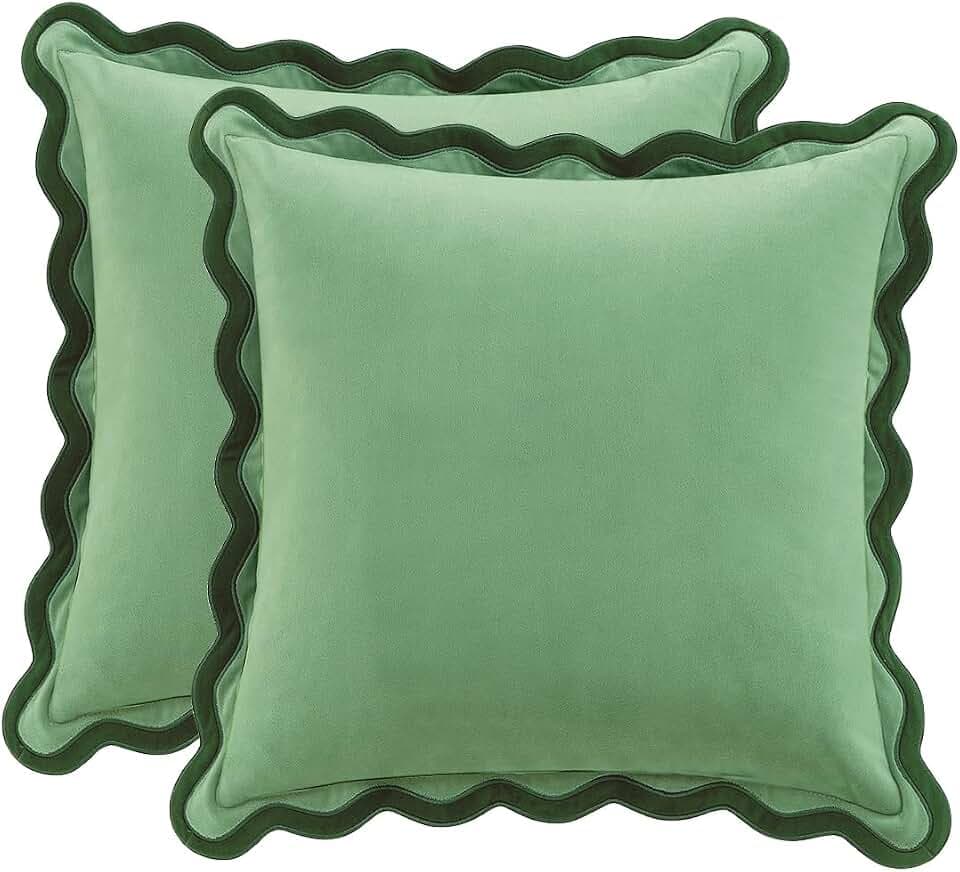 MONDAY MOOSE Decorative Throw Pillow Covers Cushion Cases, Set of 2 Soft Velvet Scalloped Wavy Edge Designs, Mix and Match for Home Decor, Pillow Inserts Not Included (20x20 inch, Green/Light Green)