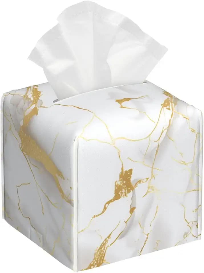 White Gold Marble Tissue Box Cover Square Leather Tissue Box Holder Decorative Tissue Case Covers Waterproof Tissue Holder Organizer for Bathroom Home Office