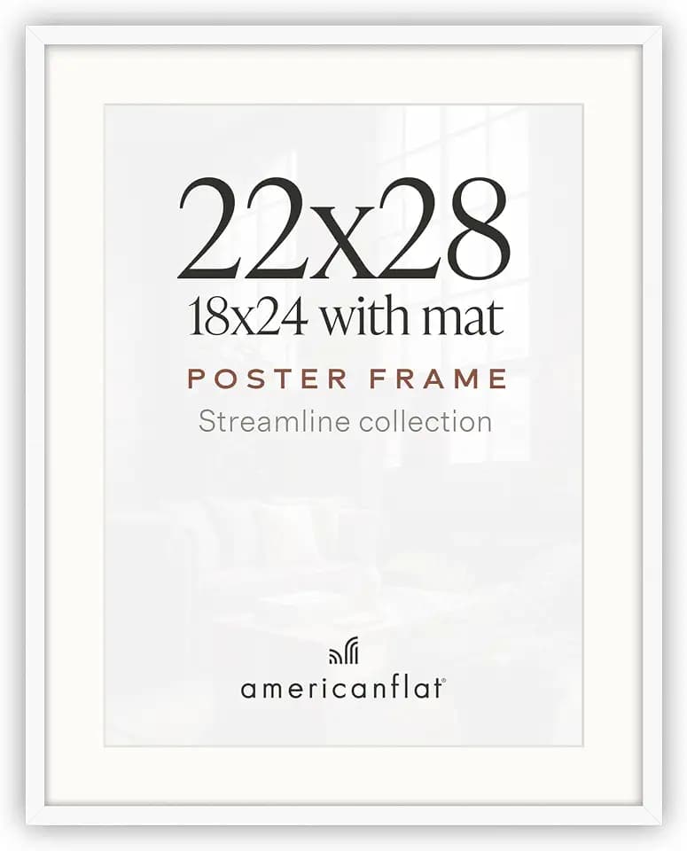 Americanflat 22x28 Poster Frame - Matted to 18x24 - Slim Molding - White