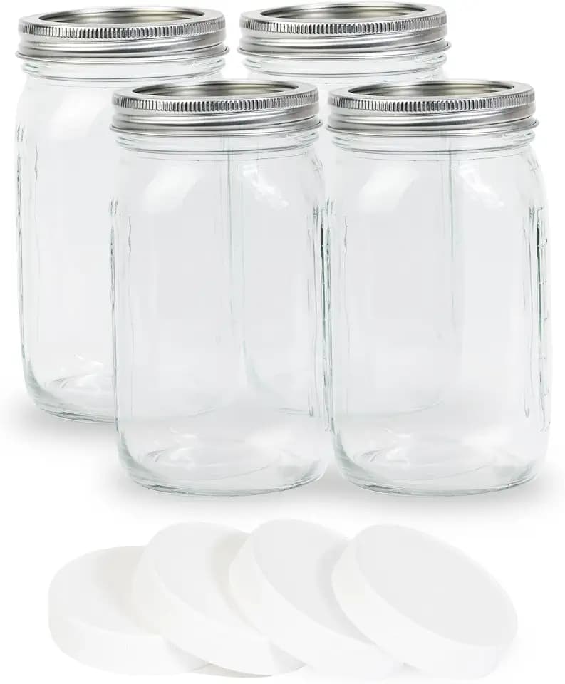 Yodecy 4 Pcs 32 oz Clear Wide Mouth Mason Jars with Airtight Lids and White Plastic Lids, Canning Jars for Overnight Oats, Food Storage and More