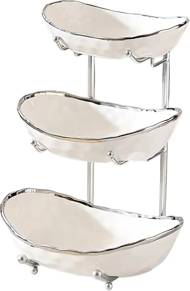 XUDREZ 3 Tier Fruit Bowl with Metal Stand for Kitchen Counter, Ceramic White Gold Silver, Tiered Fruit Basket for Nuts, Snacks, Bread, Candy Storage (White B)