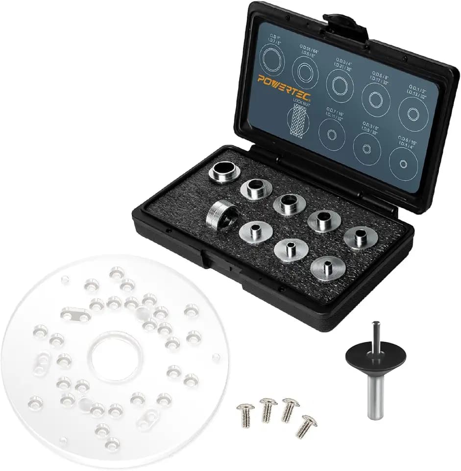 POWERTEC 72148 10pc Router Template Bushing Guides Set 5/16 to 1 Inch Fits Porter Cable Router Sub Bases & Dia 5-3/4" Trim Router Base Plate, Centering Pin and Cone, Perfect for Precision Woodworking
