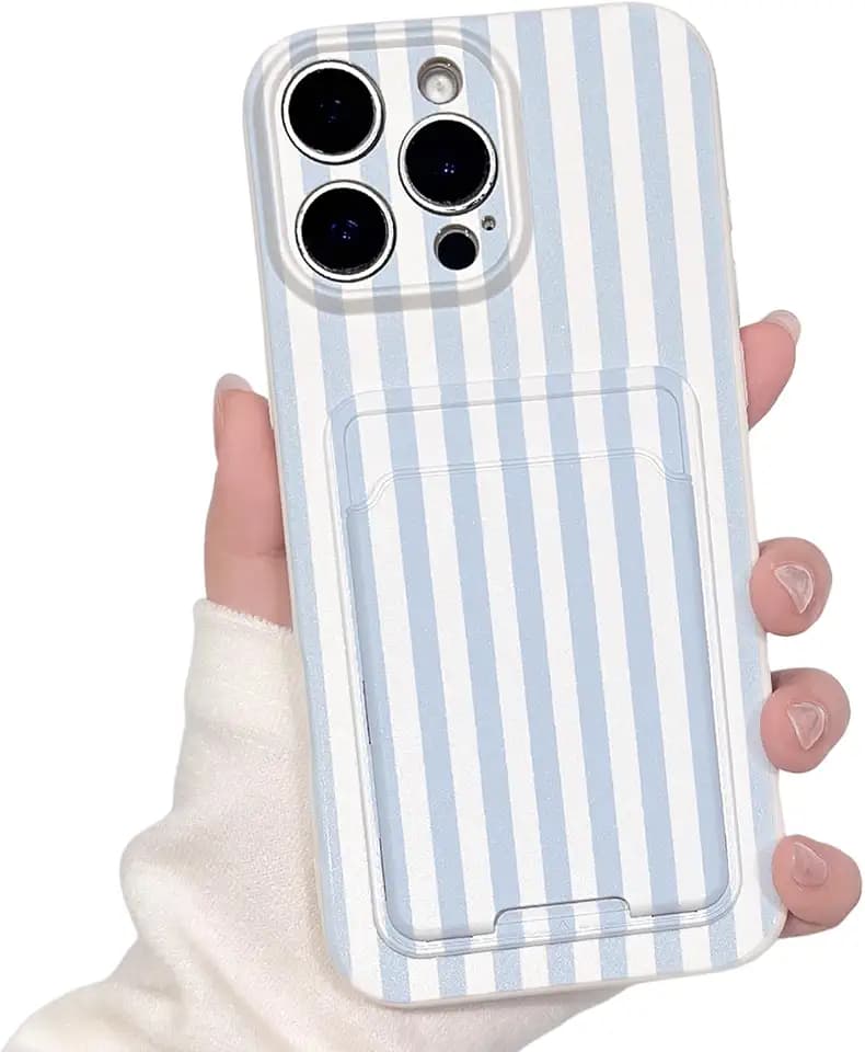 Lovmooful for iPhone 16 Pro Case Striped with Card Holder-Blue&White