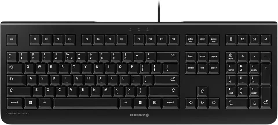CHERRY KC 1000, Kabelgebundene Tastatur, EU-Layout (QWERTY), Plug & Play über USB-Anschluss, Flaches Design, Flüsterleiser Tastenanschlag, Schwarz
