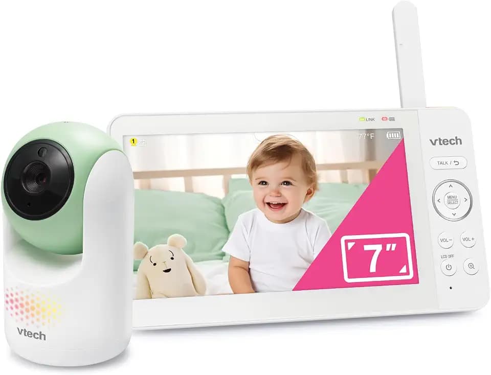 VTech Baby Monitor No WiFi, 7" IPS Screen, 5000mAh 12Hr Battery, 360° Pan Tilt Zoom, Night Vision, Multi-Color Night Light, 2-Way Talk| Advanced Max Green
