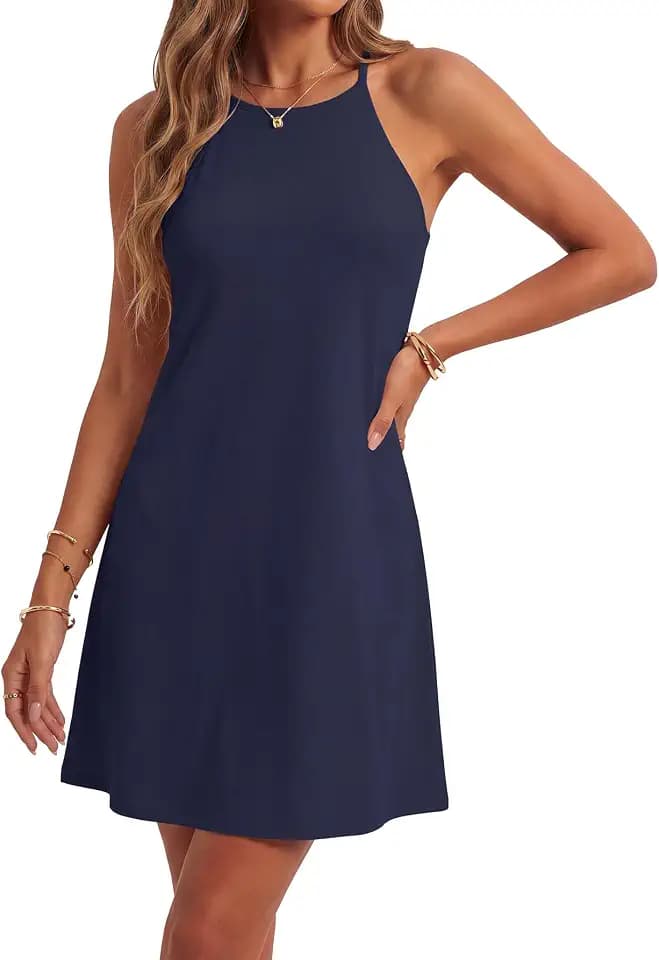 LYANER Women's Summer Halter Dresses Sleeveless Ruffle Hem A Line Swing Loose Mini Dress Dark Blue X-Small