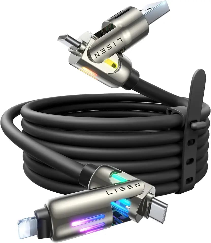 LISEN 240W USB-C Ladekabel, Kabel USB C, 4 in 1 Ladekabel (2 m) mit Licht, USB A/C auf C/L Multi Ladekabel für iPhone 16 15 14 13 12 Pro Max, MacBook, iPad, Samsung, Schwarz