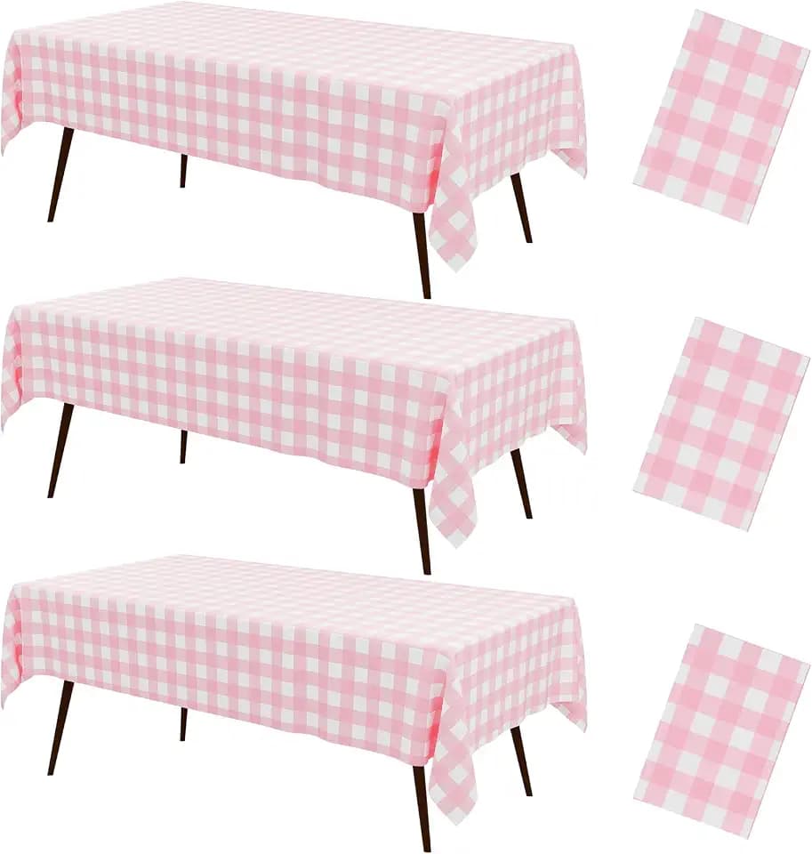 misaya 3 Packs Pink White Buffalo Gingham Plastic Disposable Table Cloth