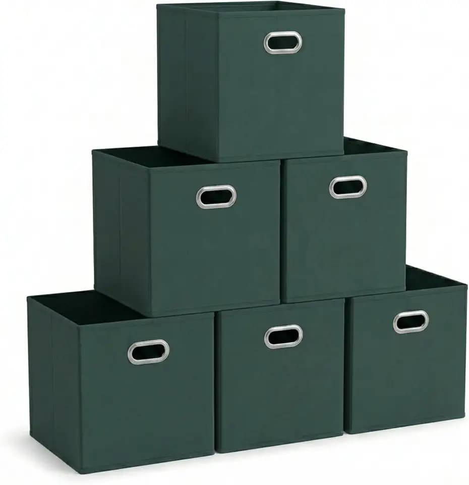 Household Essentials Foldable Fabric Storage Cubes 6-Pack – 11x11x11 Stackable Non-Woven Bins with Chipboard Sides & Grommet Handles – Closet, Shelf, Nursery, or Office Organizer – Dark Green