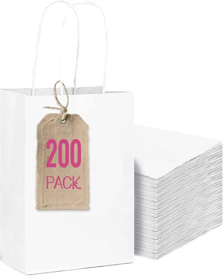 qiqee 200-Packs White Paper Gift Bags with Handles Bulk 4.5"x2.5"x6" Mini Size Paper Bags Multiple Uses