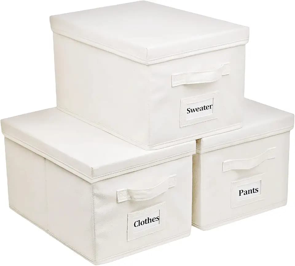 Fordonral 3 Pcs Closet Storage Bins with Lids & Lable & Handles, 15" 22 Quart Collapsible Fabric Stackable Storage Bin Cube Organizer Lidded Organizing Boxes Storage Containers