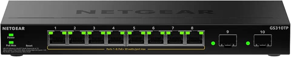 NETGEAR S350 Serie 10-Port Gigabit Ethernet PoE+ Smart Managed Essentials Switch – 8 1G PoE+ mit 55 W, 2 dedizierte 1G SFP-Anschlüsse – Desktop- oder Rack-Befestigung (GS310TPv2)