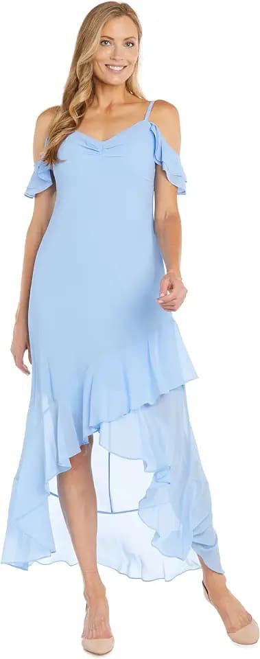 R&M Richards Women's Off-The Shoulder Chiffon Hi-Lo Flounce Hem Dress W/Sweetheart Neck & Spaghetti Straps