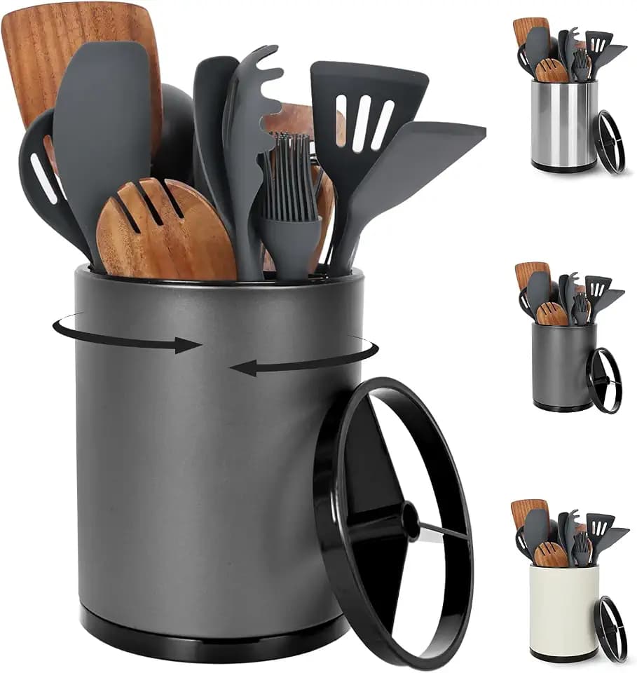 Nigelia Extra Large Kitchen Utensil Holder - 360° Rotating Stainless Steel Cooking Utensil Holder for Countertop, 3 Compartment Flatware Organizer & Utensil Caddy with Removable Base(Grey)