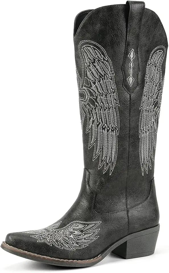 Women's Western Cowboy Boots - Black Gothic Cross & Angel Wing Embroidered Mid Calf Boots, Y2K Vintage Pointed Toe Biker Cowgirl Boots for Concert Festival