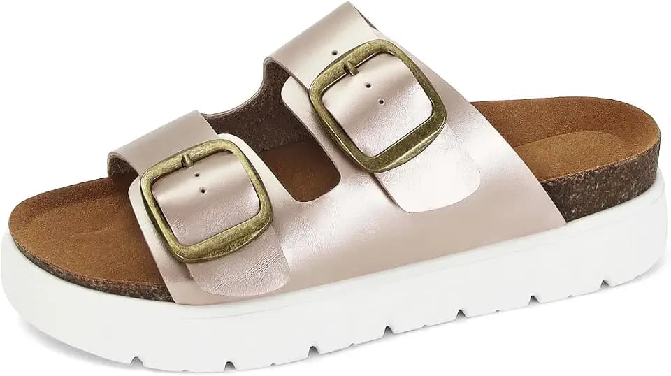 Genuine Leather Platform Sandals for Women Comfortable Summer Beach Slides Sandals with Double Adjustable Buckle
