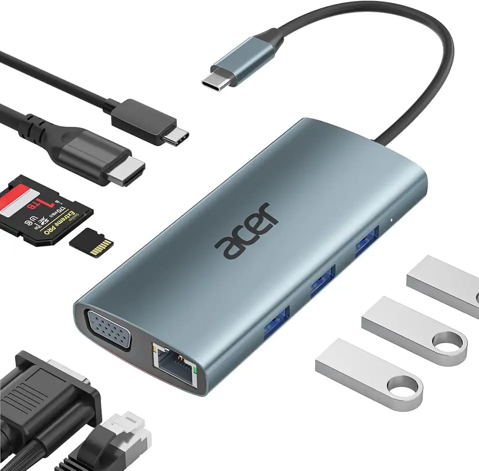 Acer USB C Hub Docking Station 9IN1, 4K HDMI, 1Gbps LAN, VGA, 3xUSB-A 5Gbps