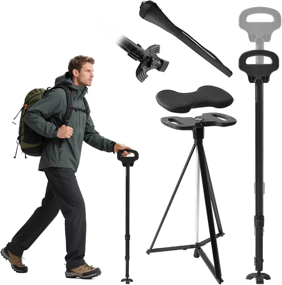 Höhenverstellbarer Gehstock mit Sitz, Klappbarer Sitzstock 150 kg mit Kissen für Erwachsene & Senioren, Tragbar Spazierstock Stock Wanderstock mit Sitz Faltbar Gehstocksitz Outdoor Reisen