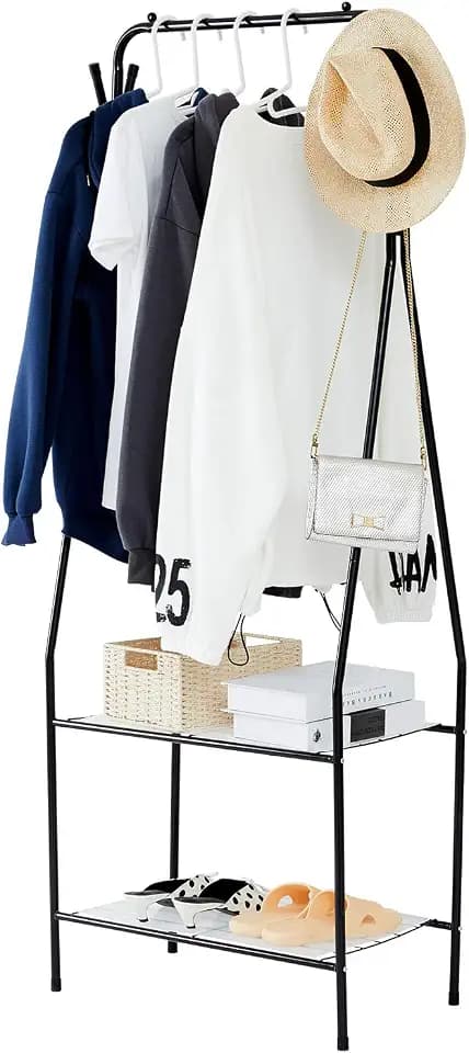 YOUDENOVA Small Clothes Rack, Freestanding Clothing Garment Rack with Shelves for Living Room, Black Coat Rack