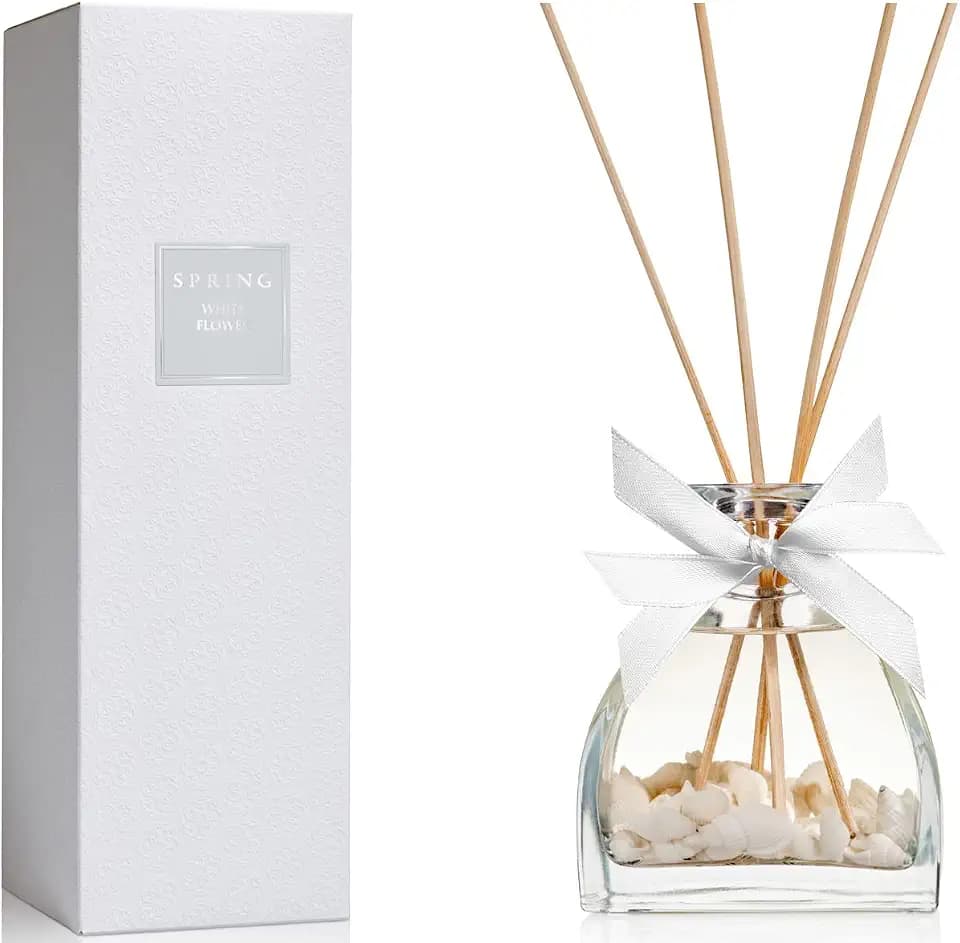 SPRING Fragrance Reed Diffuser Set |5.07oz (150ml) | Fragrance Made in France | Scented Aromatic Oil | Room Air Freshener with Sea Shells & White Flower| Lily, Jasmine, Lily of The Valley and Tuberose