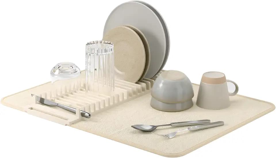Umbra Udry Dish Drying Rack with Mat, Folds Flat for Storage, Linen