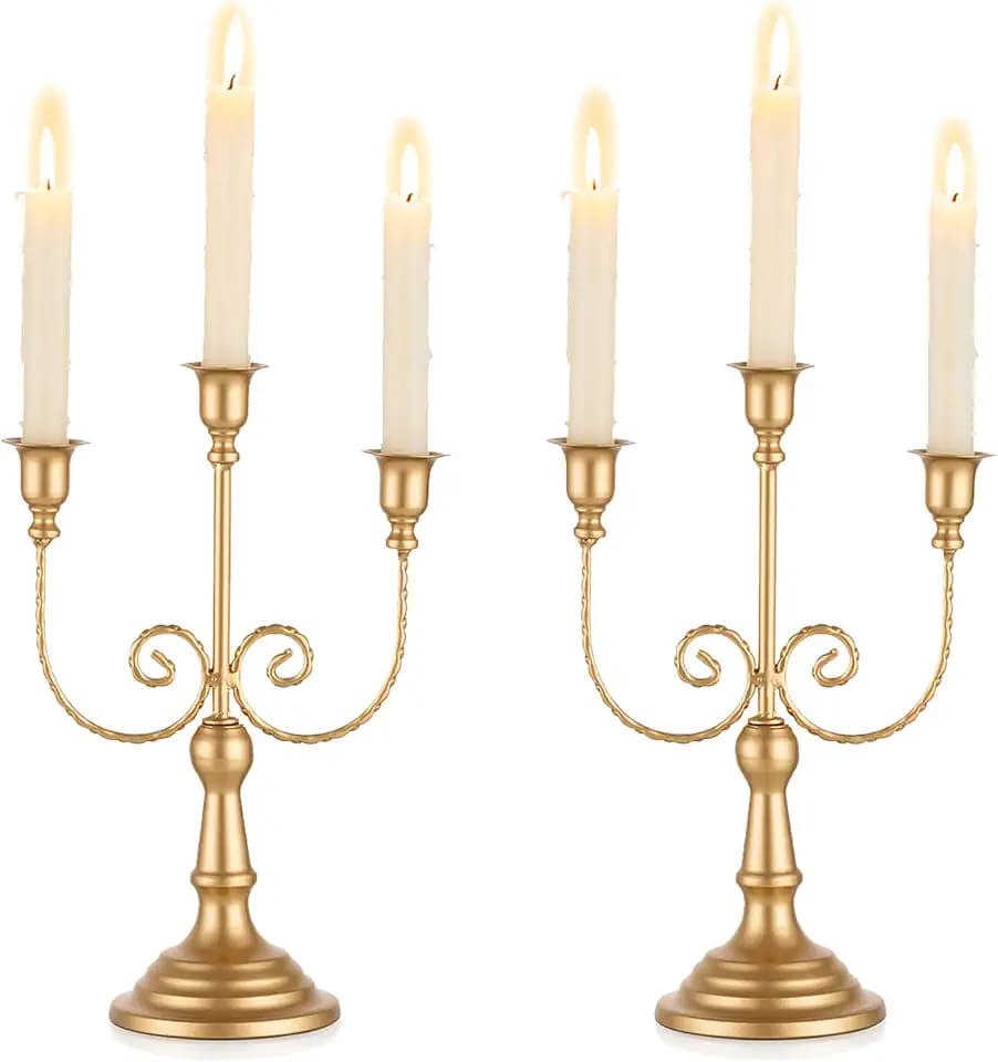 Romadedi Gold 3 Arm 11.8" Candelabra Candle Holders, Set of 2
