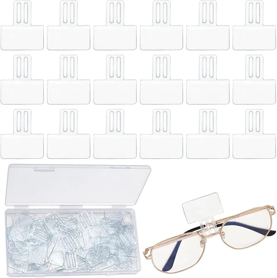 AHANDMAKER 100 Pcs Clear Plastic Price Tag Holders for Glasses Frame, Mini Rectangle Label Holders, Hanging Card Protector Sleeve for Spectacle Frames