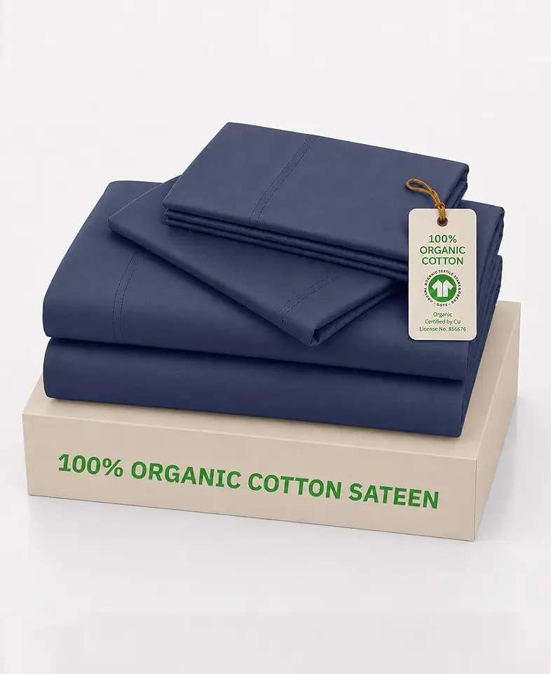 California Design Den 100% Organic Cotton Sateen King Bed Sheet Set, Navy