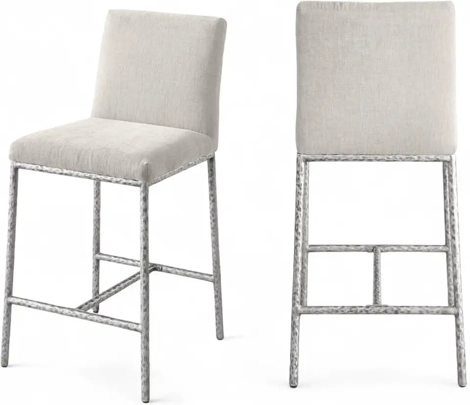 Meridian Furniture 11080Cream-C Reeves Collection Modern | Contemporary Counter Stool with Soft Chenille Fabric, Brushed Forged Iron Metal Legs and Frame, 17.75" W x 21.5" D x 38" H, Set of 2