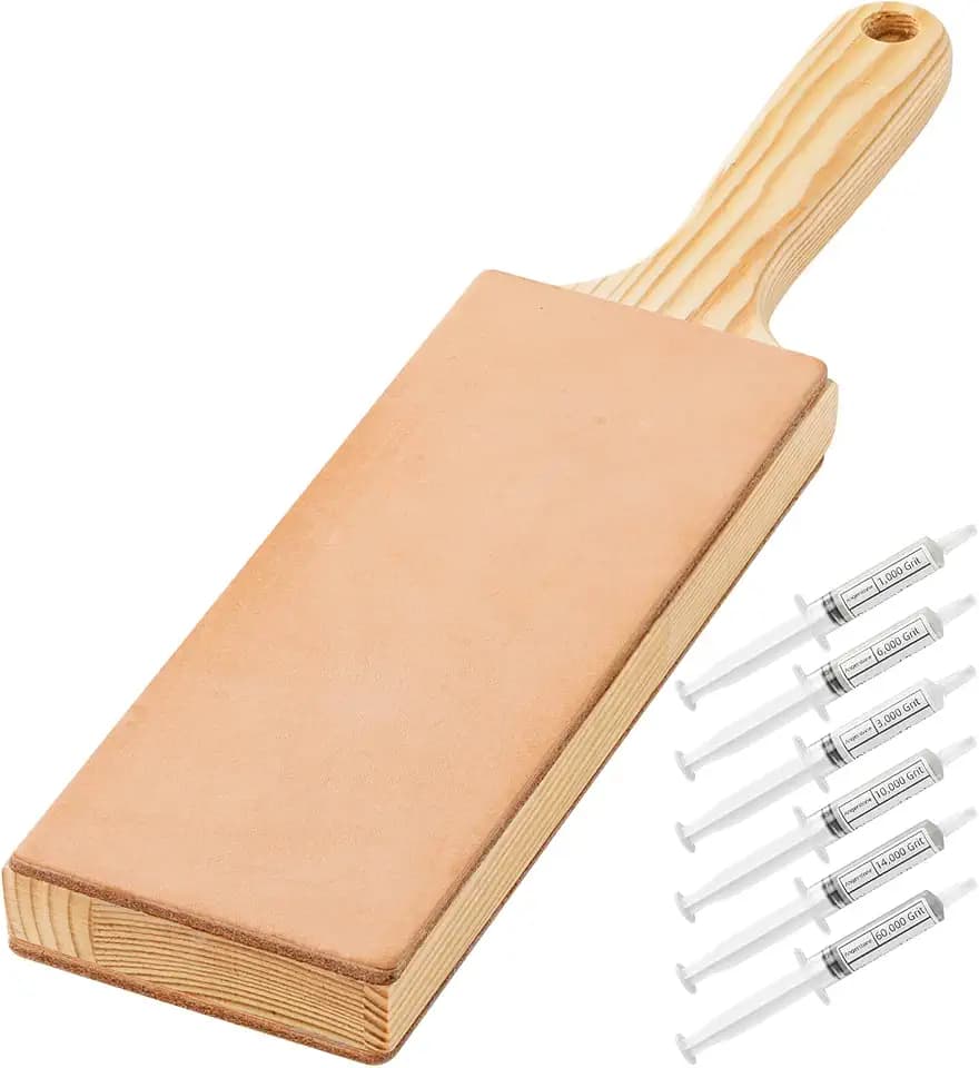 Angerstone Oversize Double Sided Leather Strop for Knife Sharpening with 6 Diamond Polishing Compounds - Cowhide Stropping Kit with Stropping Compounds, Knife Strop Block Stropping Leather