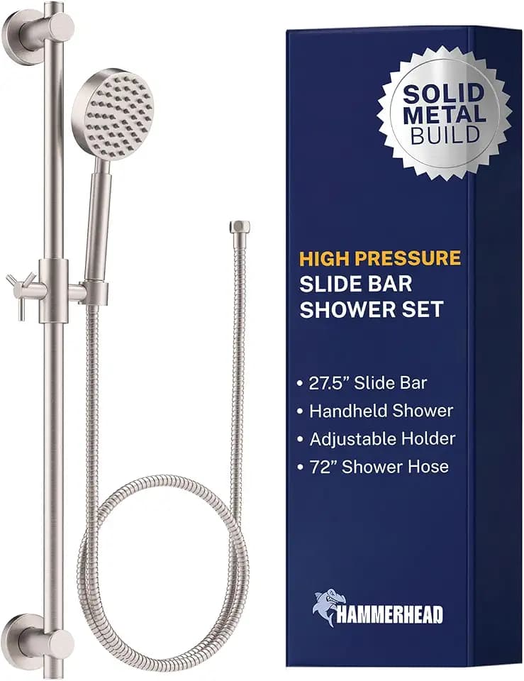 HammerHead Showers® Solid Metal 27.5 Inch Shower Slide Bar Set and Handheld Shower Head with Hose — BRUSHED NICKEL — 2.5 GPM High Pressure Spray Wand — Easily Adjust Height & Angle of Handshower