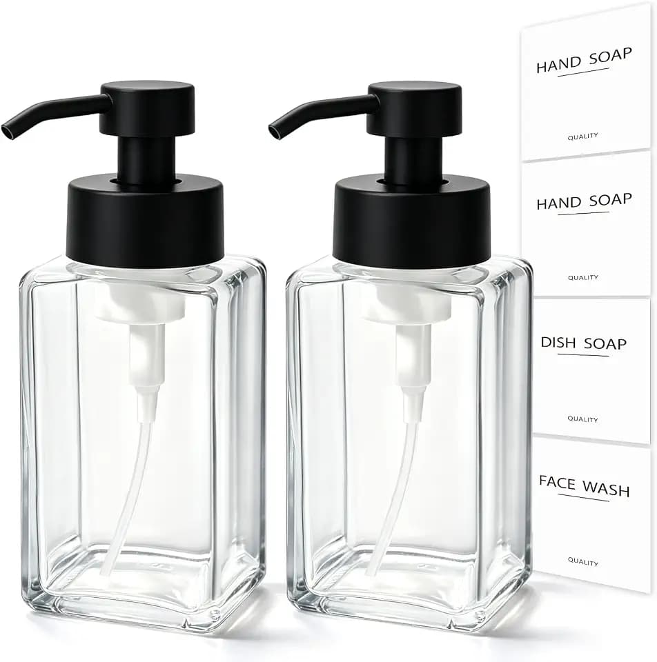 Foaming Soap Dispenser, 12oz/350ml Glass Foaming Hand Soap Dispenser Set, 2Pcs Refillable Foam Soap Dispenser With Foaming Pump, Labels, Square Foam Soap Hand Dispenser For Bathroom, Kitchen