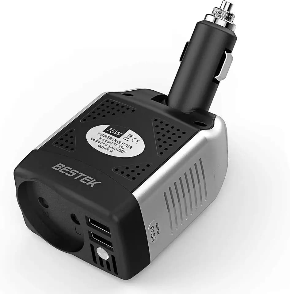 BESTEK KFZ Wechselrichter DC 12V auf AC 230V 75W Spannungswandler mit Einstellbarer Zigarettenanzünder,2 USB Auto Inverter EU Ladegerät für Notebook,Smartphone,MP3,MP4