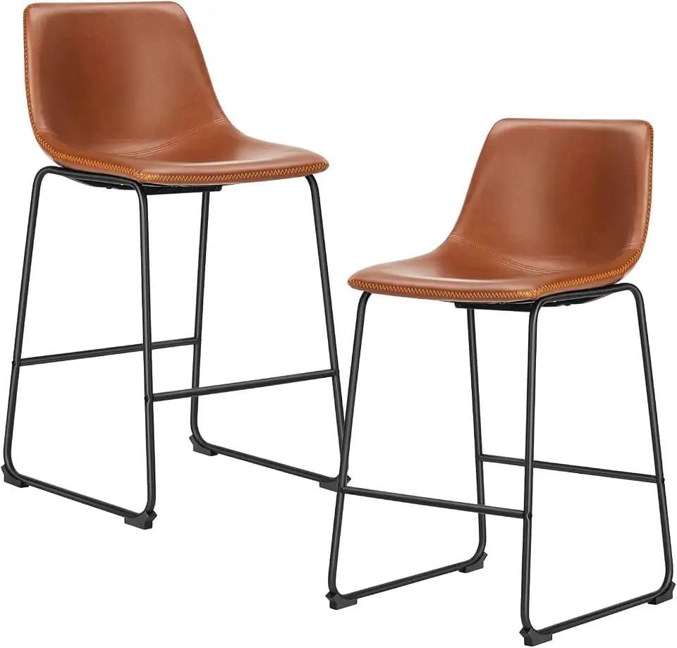 DUMOS 26 Inch Counter Height Bar Stools Set of 2, Modern Faux Leather High Barstools with Back and Metal Leg, Bar Chairs for Kitchen Island, Elegant Brown